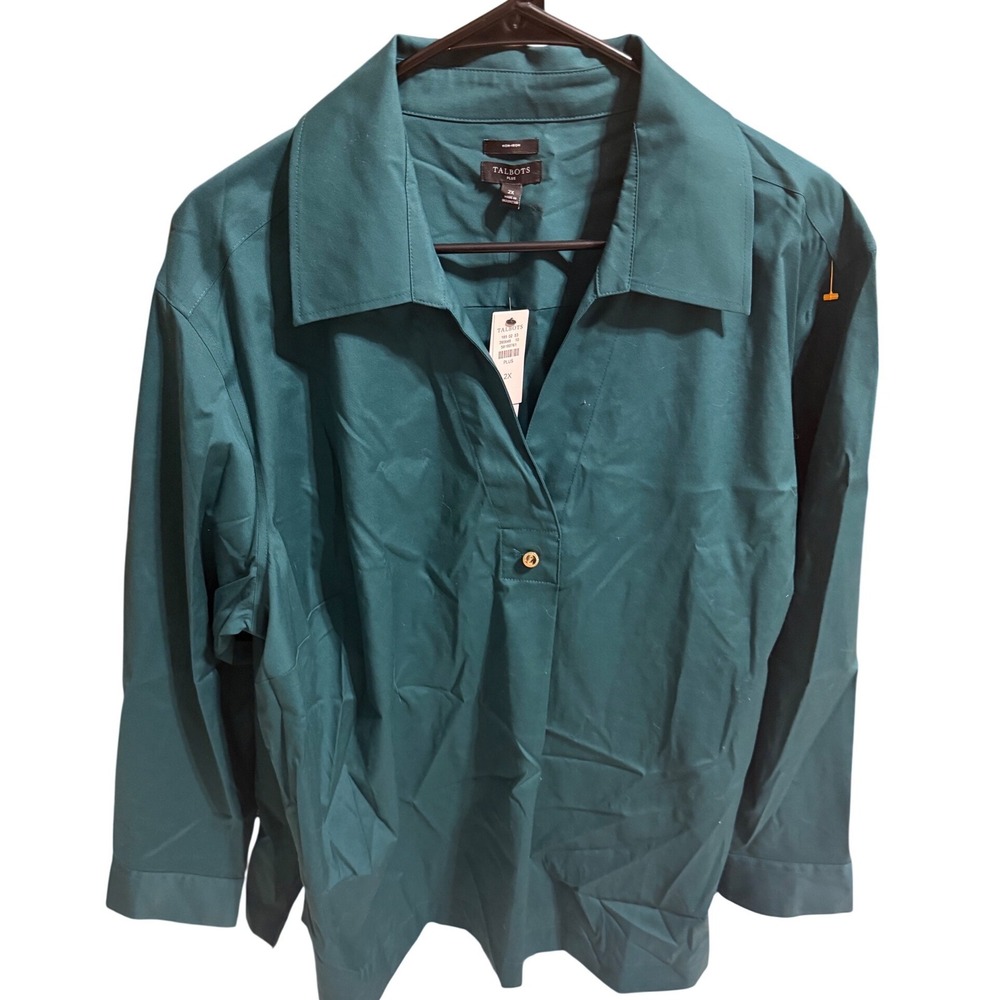 NWT Talbots Plus Non-Iron Shirt Teal Green Cotton Spandex Popover Blouse 2X